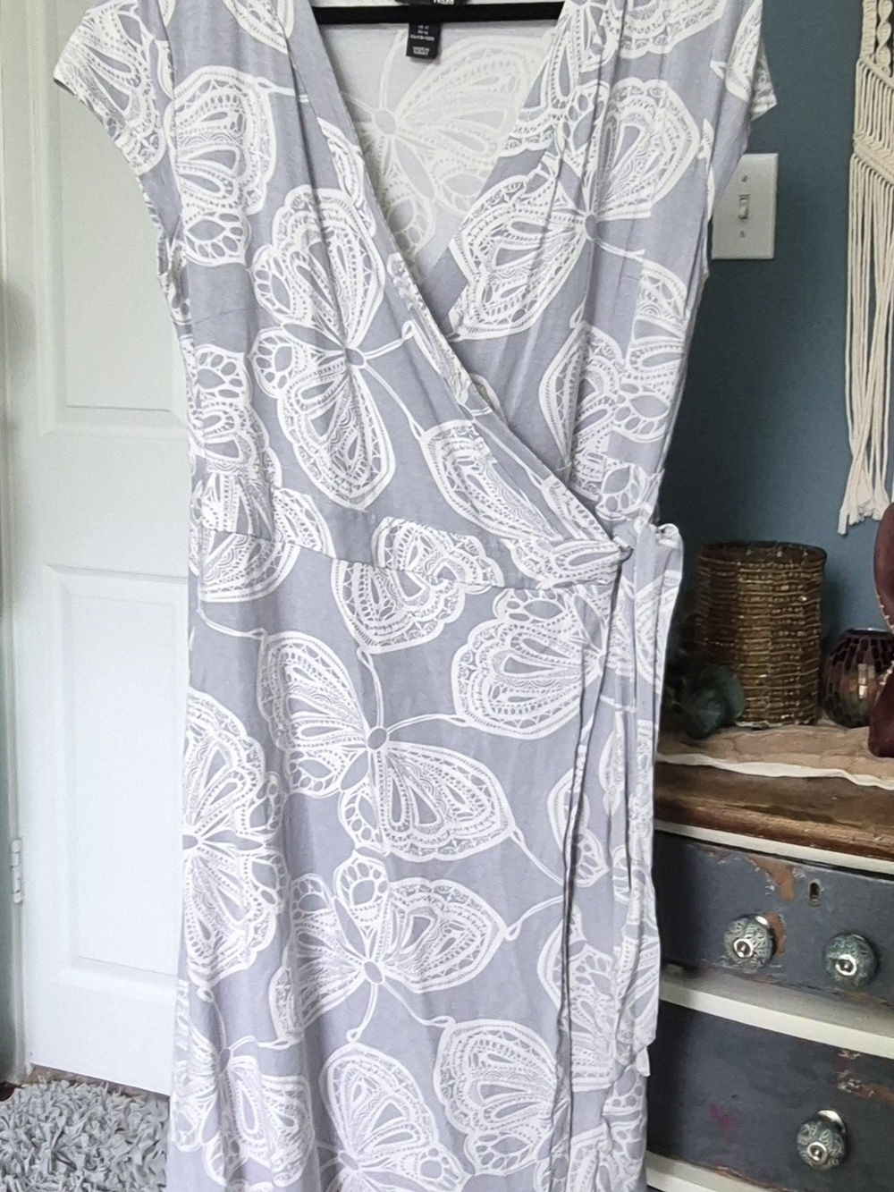H&M Light Gray Wrap Midi Dress with White Floral Motif